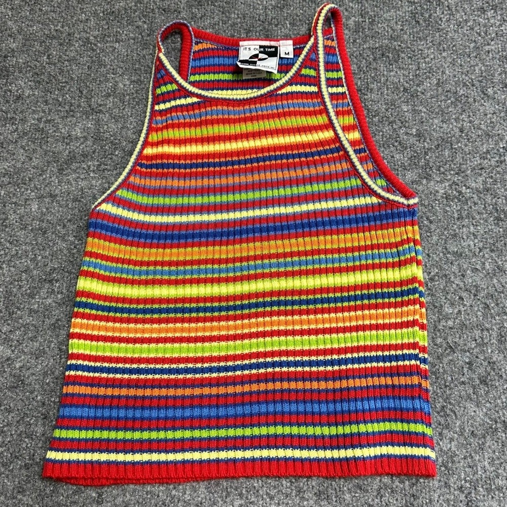It's Our Time Tank Top Womens Size M Multicolor Rainbow Striped Ribbed Knit Y2K